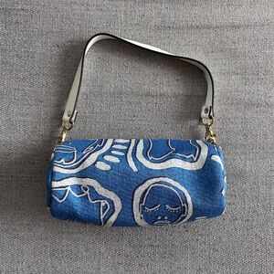 Patrick Church Blue and White Printed Denim Shoulder Bag w/ White Leather Strap